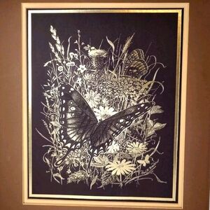 1981 Reproduction Paul M Breeden Metal Foil Art Butterfly 16x20 Gold Brown Matte